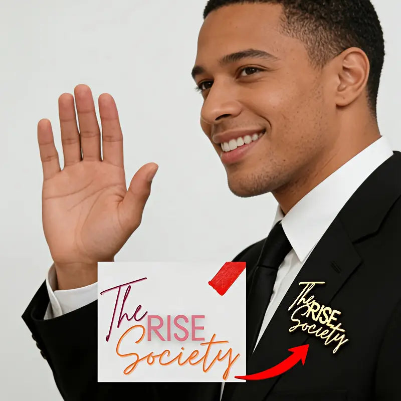 Gold-colored custom signature logo brooch personalized metal pin attached to a black suit jacket featuring the rise society design.