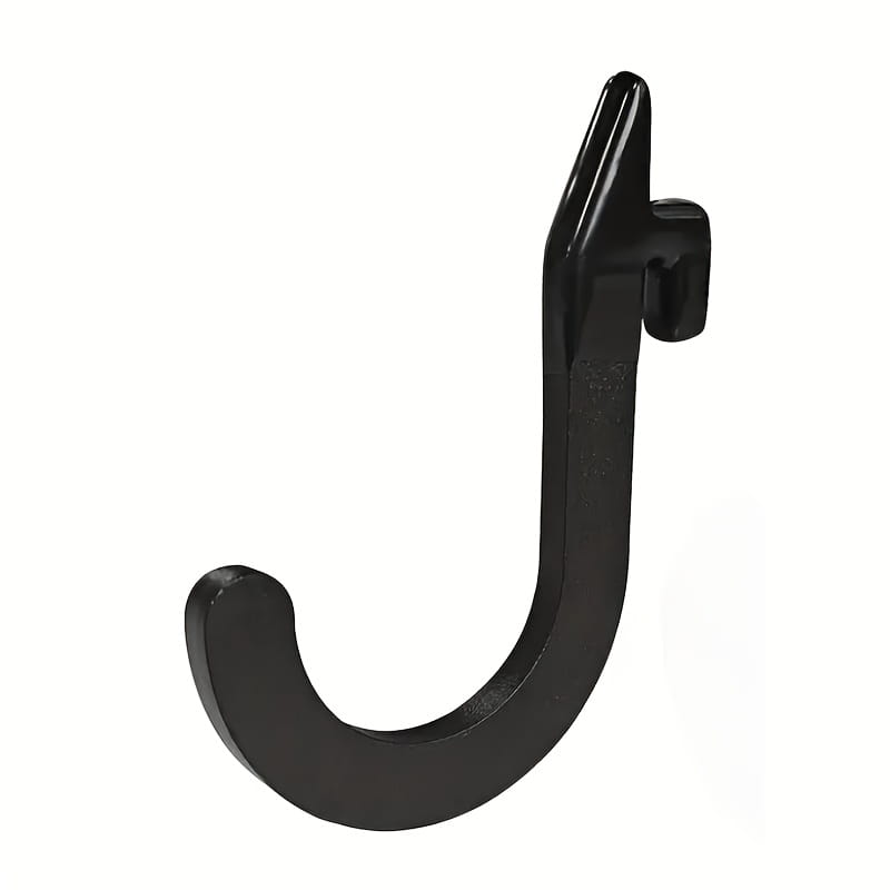Black metal j-shaped hook squat rack barbell storage holder attachment with a smooth glossy finish and sturdy mounting clip.