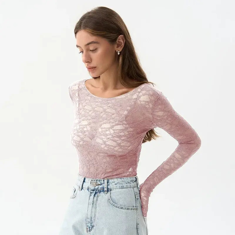 a delicate pink lace long-sleeved crop top with a rounded neckline designed for women aesthetic clothes and aesthetic clothes collections