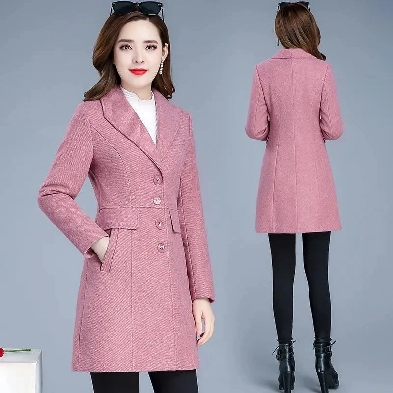 2025 Autumn/Winter New Woolen Coat for Women Medium to Long Slim Single-breasted Fashion Wool Coat Female Thick Casual Overcoat