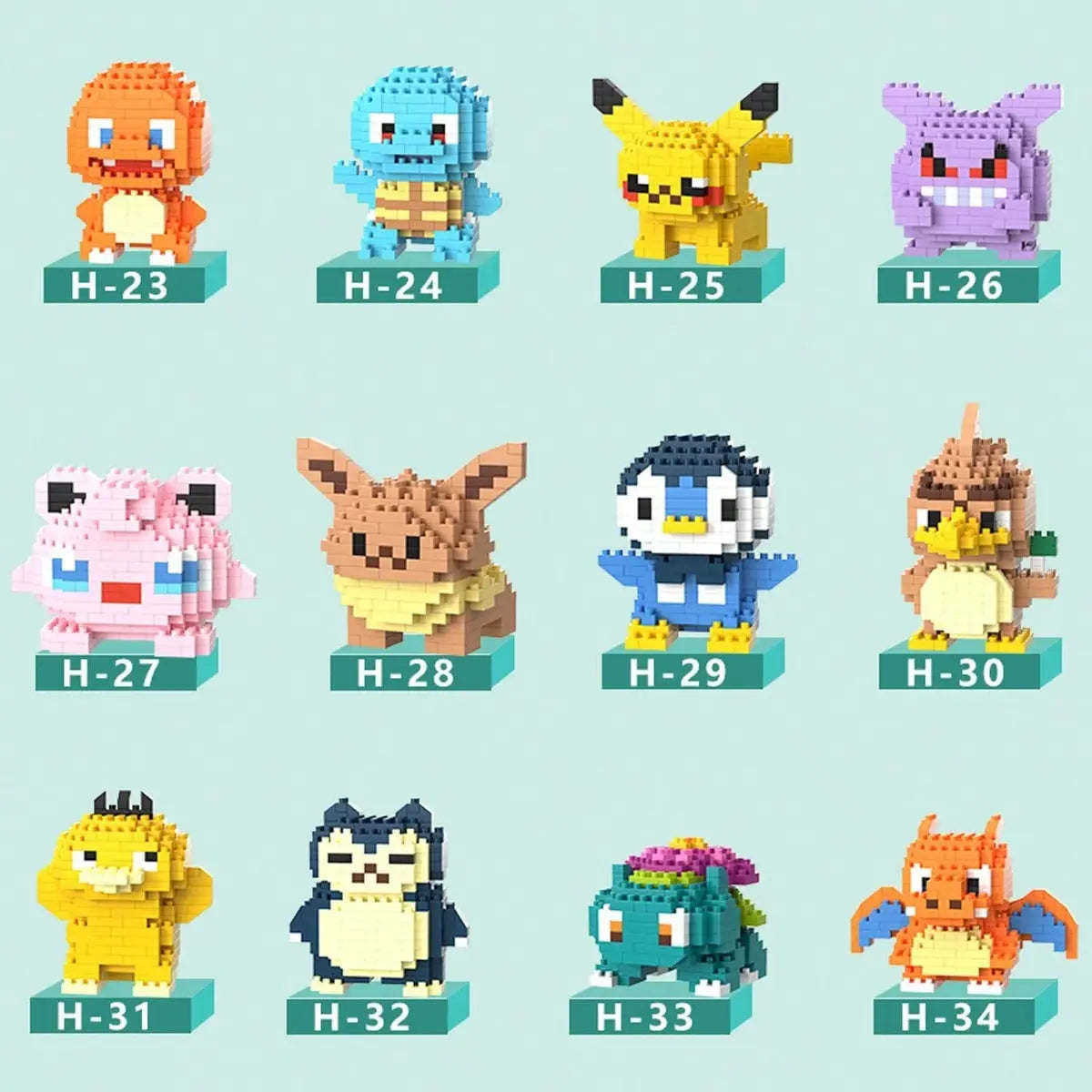 A collection of colorful pixelated Pokémon micro building block figures made from interlocking plastic bricks.