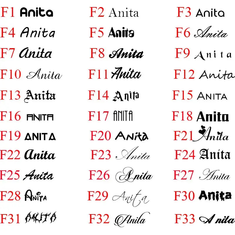 a collection of 33 distinct font styles for the name anita in black and red lettering showcasing unique designs on a custom pet photo stainless steel heart keychain