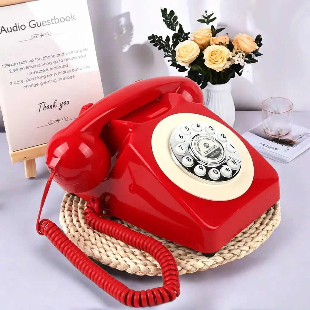 Teléfono de registro de audio antiguo para bodas y eventos con un teléfono de dial rotatorio rojo vibrante con dial color crema y acabado de plástico brillante.