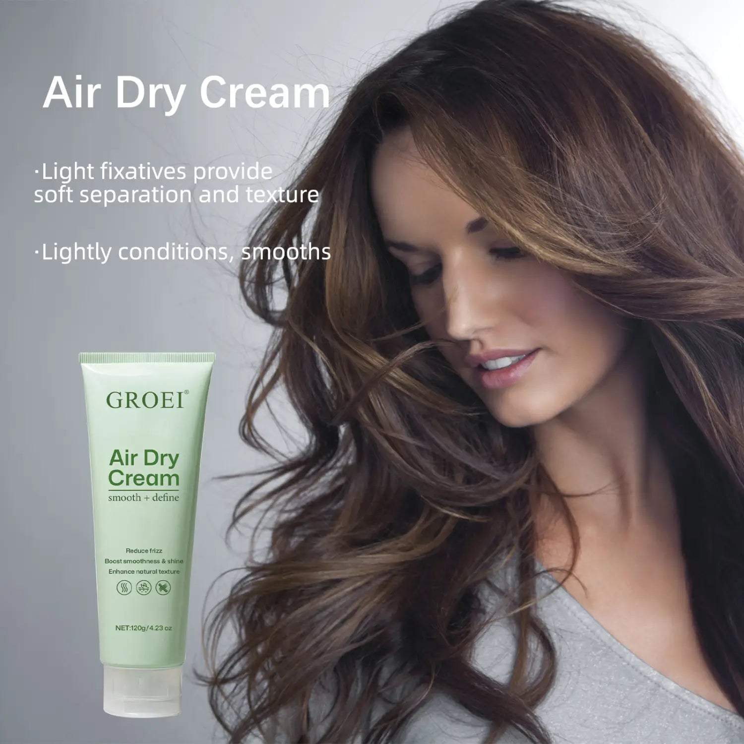 Un tubo verde claro de la crema para el peinado del cabello Groei con una fórmula nutritiva y tapa blanca, etiquetado como crema de secado al aire de 120 g.