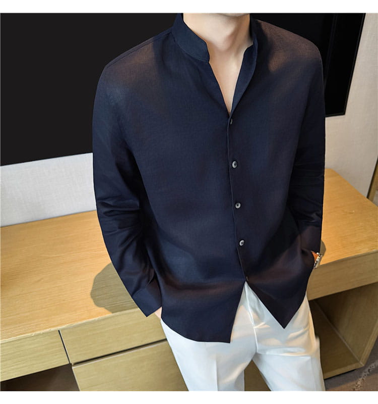 men’s linen mandarin collar shirt in dark navy blue featuring a lightweight fabric and a button-down front