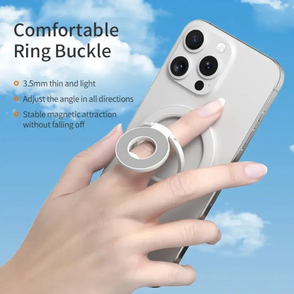 Silver metallic double-sided magnetic phone stand ring holder with minimalist circular buckle and magnetic attachment