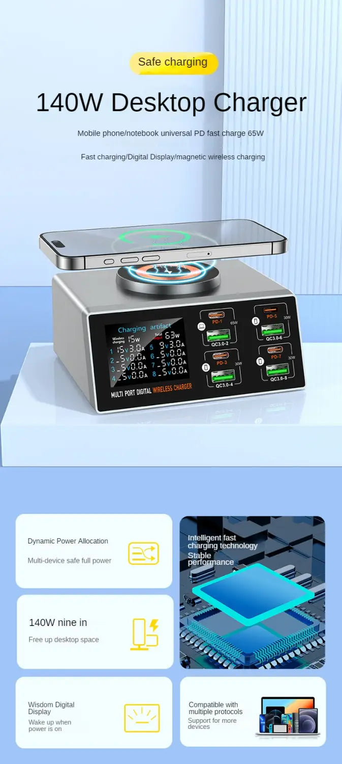 Cargador de escritorio de carga rápida multifunción de múltiples puertos de 140 W en color plata y negro con pantalla digital, varios puertos USB y almohadilla de carga inalámbrica; admite protocolos de carga rápida.