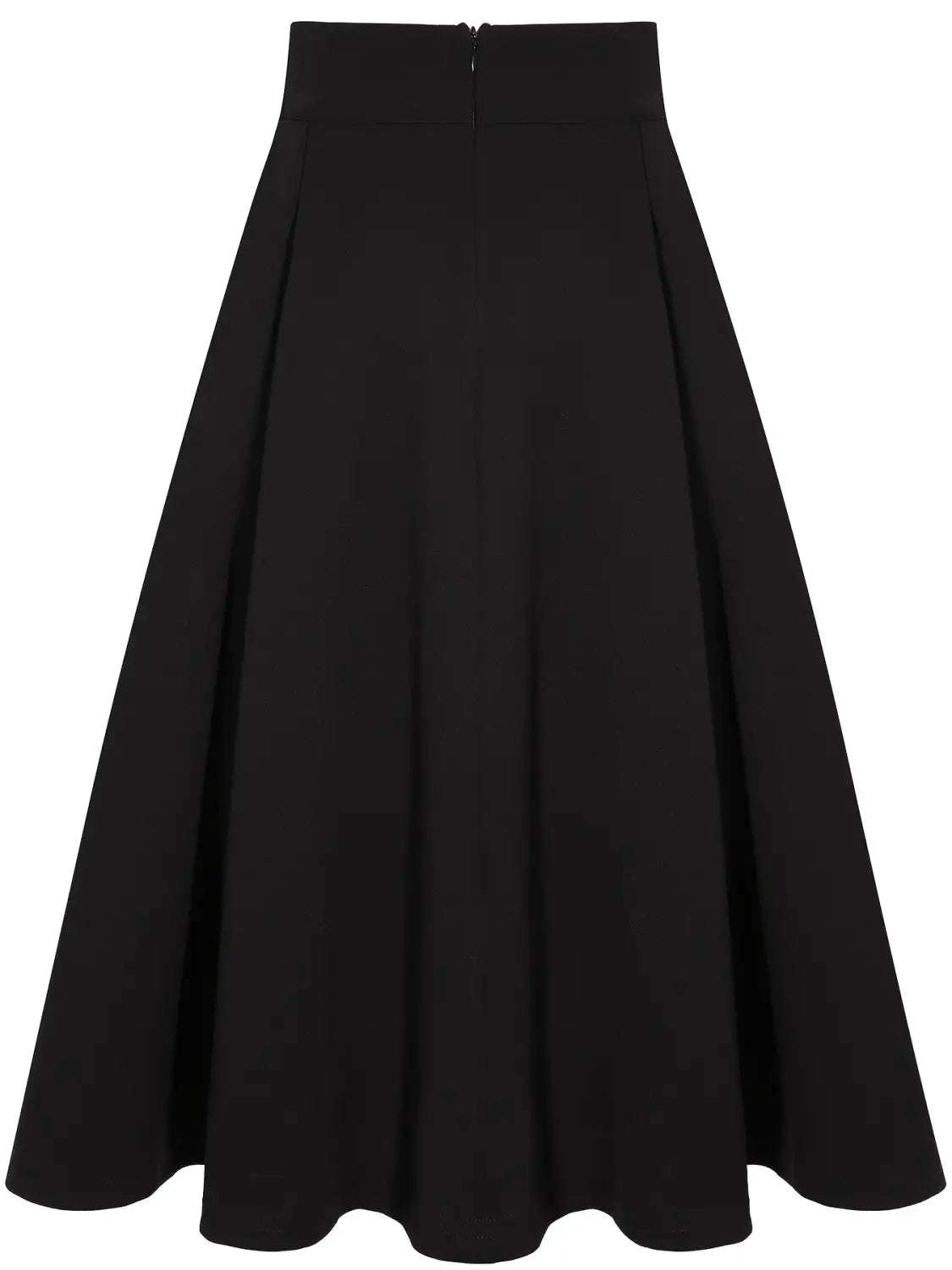Jupe de travail mi-haute plissée noire fabriquée dans un tissu fluide et lisse, avec des plis avant subtils et une silhouette en ligne A.