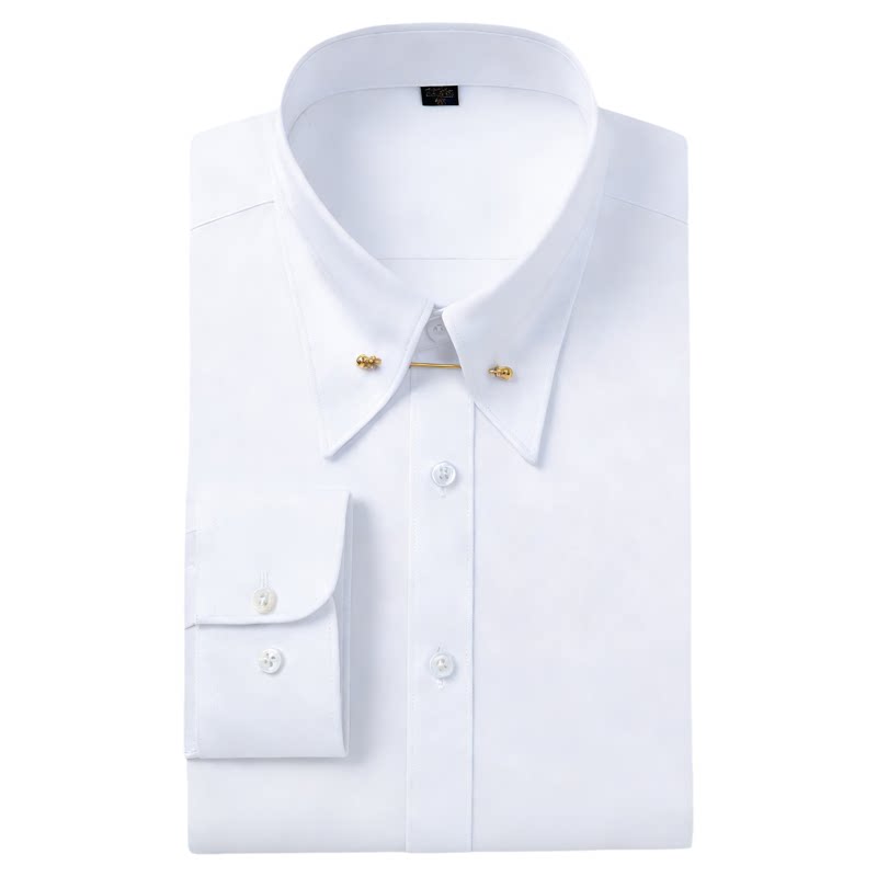Chemise habillée classique à col français à poignets boutonnés en fibre de bambou blanche pour homme, dotée d’un col net avec des broches de barre de col de couleur or.