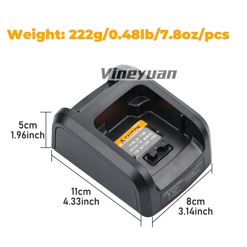 Chargeur intelligent NNTN8234A en plastique noir pour radios Motorola, avec étiquette d’avertissement jaune et voyants DEL, compatible avec des modèles de batteries.