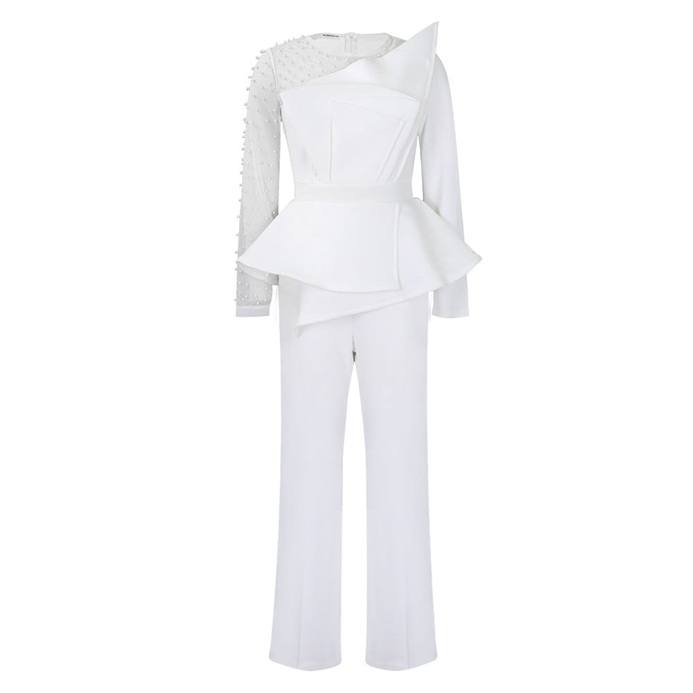 White two-piece outfit featuring a peplum top with beaded detailing on one shoulder and wide-leg trousers for an elegant party look