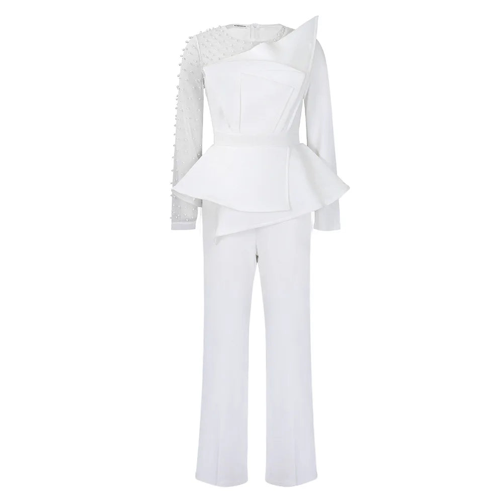 Elegant Jumpsuits & Rompers for Women O Nec Short Sleeve Beaded High Waisted Luxury Female Birthday Dinner Party Overalls Outfit