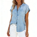 Women's Short Sleeve Denim Shirt Women's Blue Loose Cardigan Shirt Lapel Casual Top Women's