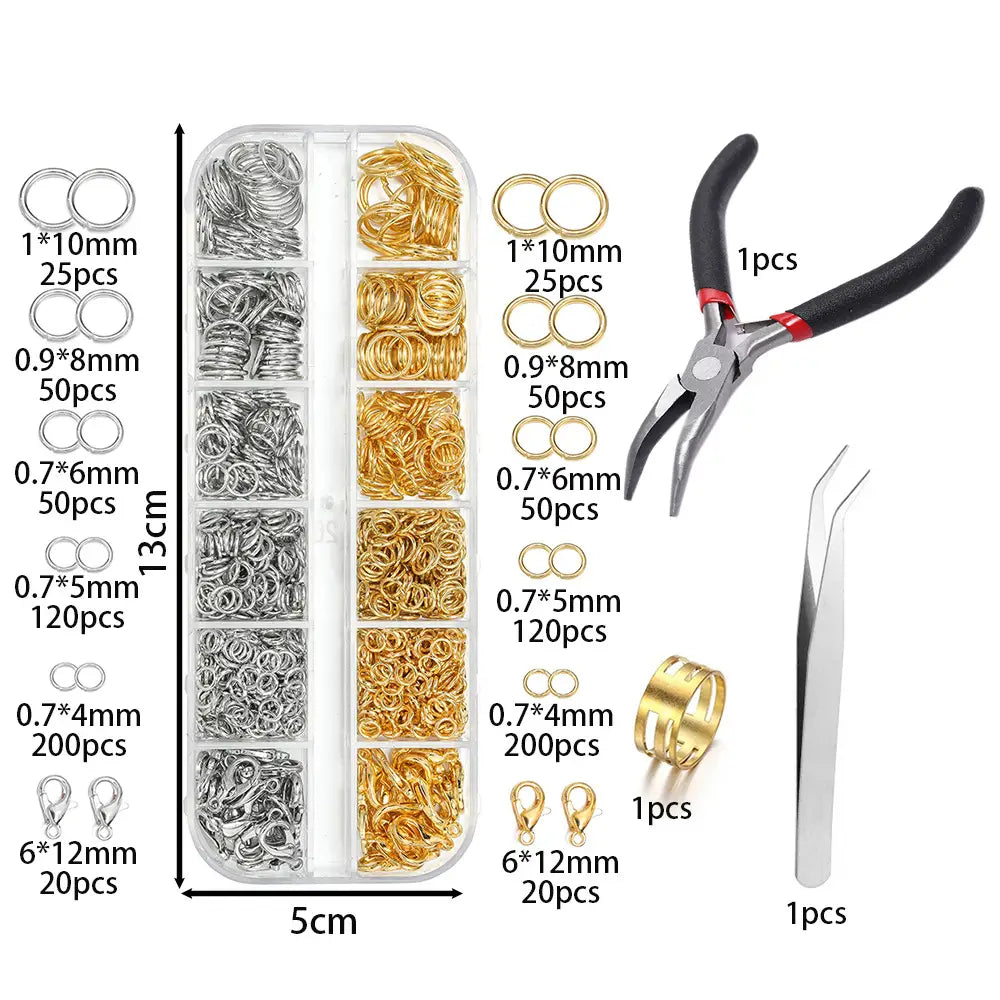 clear plastic organizer filled with assorted silver and gold-colored metal jump rings in various sizes for diy jewelry making findings kit with tools.