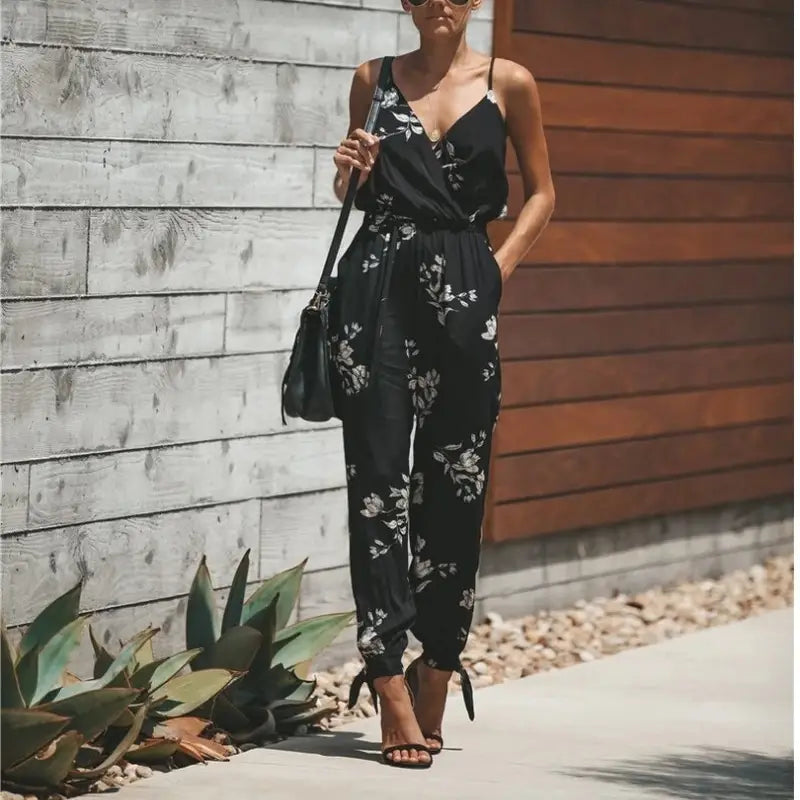 Schwarzer Boho-Sommeroverall mit Blumendruck, schmale Spaghettiträger und eine taillierte Form, aus leichtem Stoff gefertigt; perfekt für warmes Wetter.