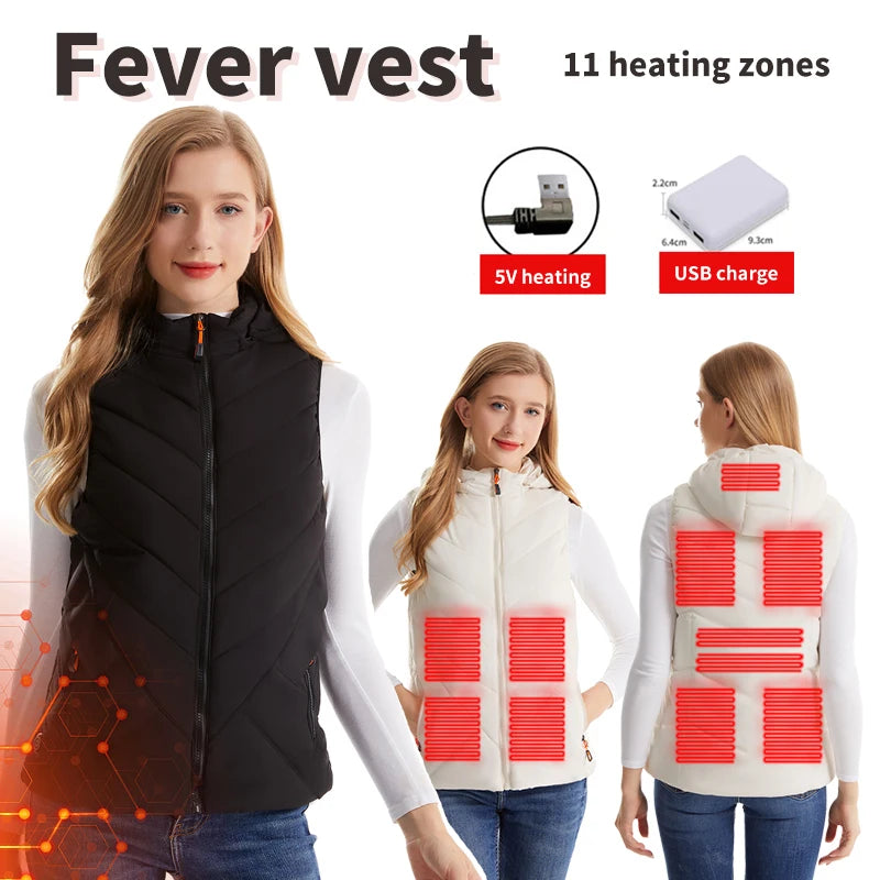 Women's Winter Smart Heated Vest, 11-Zone Heated Vest, USB-Powered Solid-Color Hooded Jacket, Casual, Sports, and Outdoor Warmth
