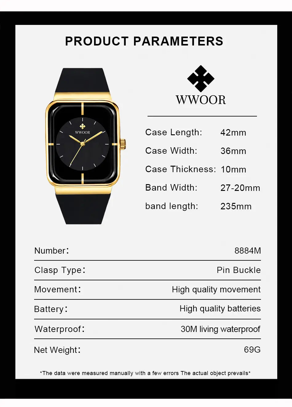 Black and gold rectangular Wwoor quartz watch with a black dial and stainless steel case.