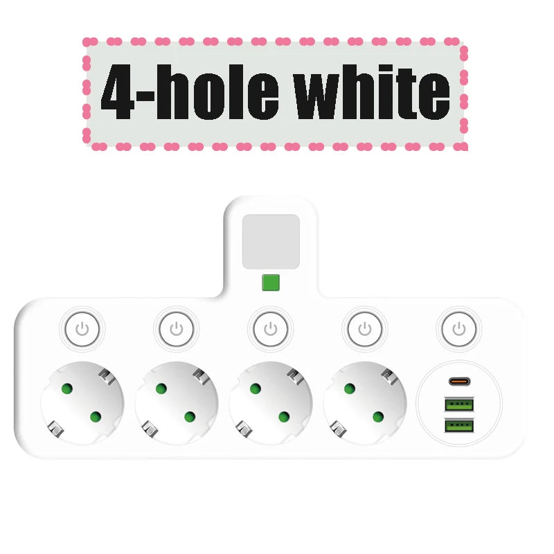Wireless Wall Charger Socket with 3 AC Outlets +2 USB Ports+ 1 Type C 6-in-1 Plug Socket EU Plug Fast Charging power board