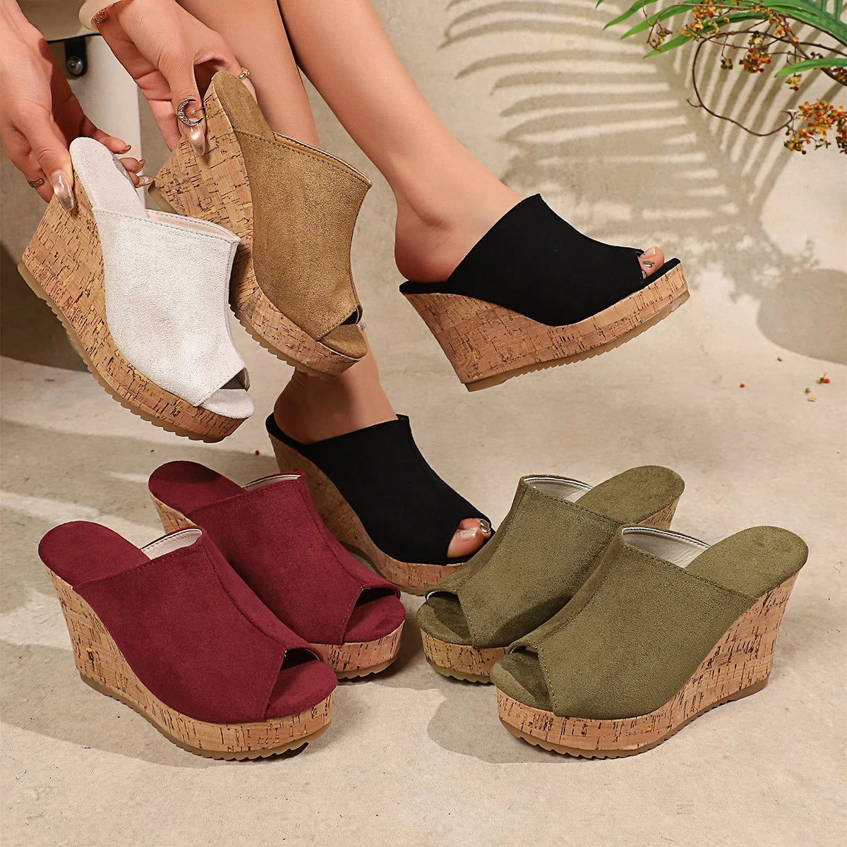 Women Sandals Open-toed High Heels Slippers Solid Retro Platform Sandals Summer Anti-slip Wear-resistant Wedges Shoes for Women