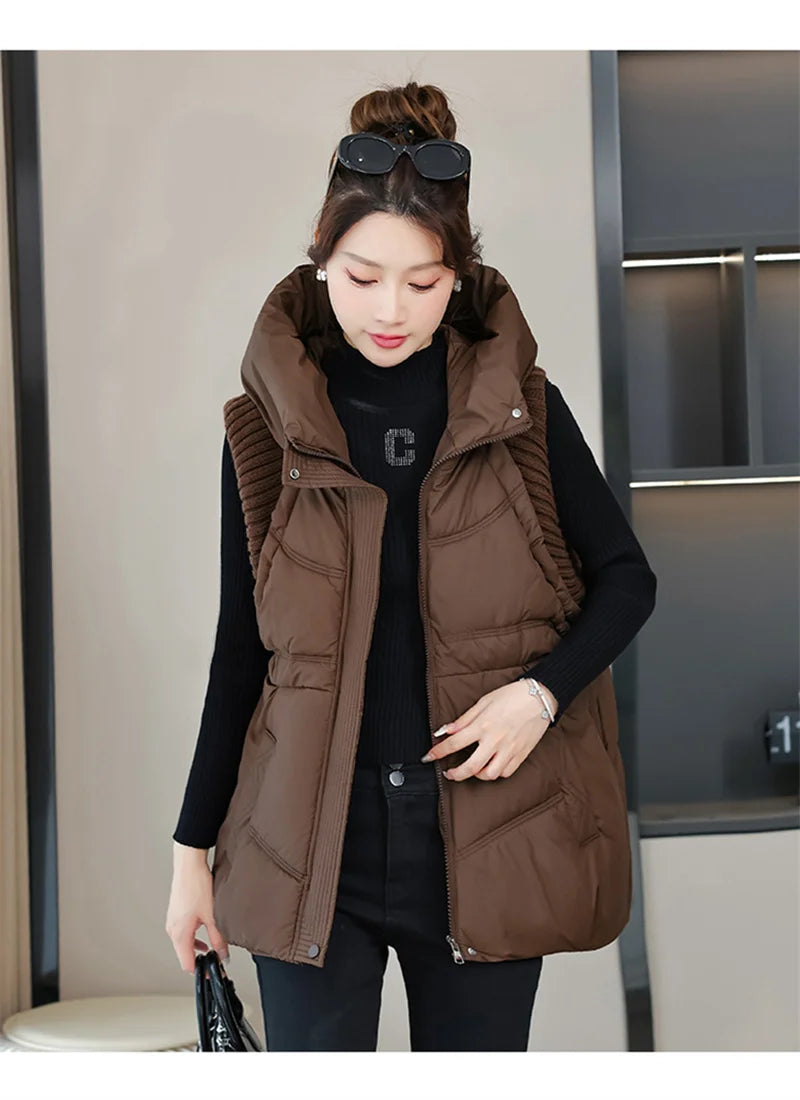 Winter Down Cotton Vest Jacket Women 2025 New Sleevele Jacket Hooded Parkas Warm Vest Coat Female Waistcoat Overcoat Ladies Tops