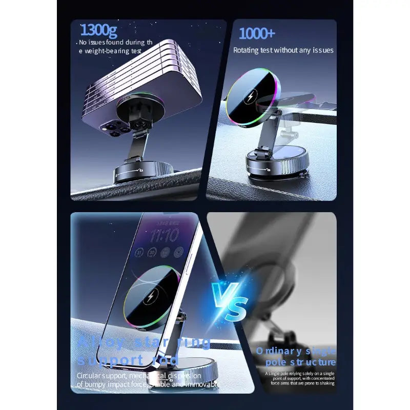 Silver magnetic wireless car charger and phone mount featuring a sleek multi-layered design with rotating functionality.
