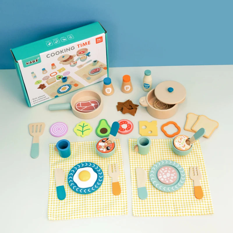 Wooden Kitchen Toy Wooden Tableware Food Sets Toy Role Play Educational Cosplay Preschool Gifts for Kids Kitchen Accessories