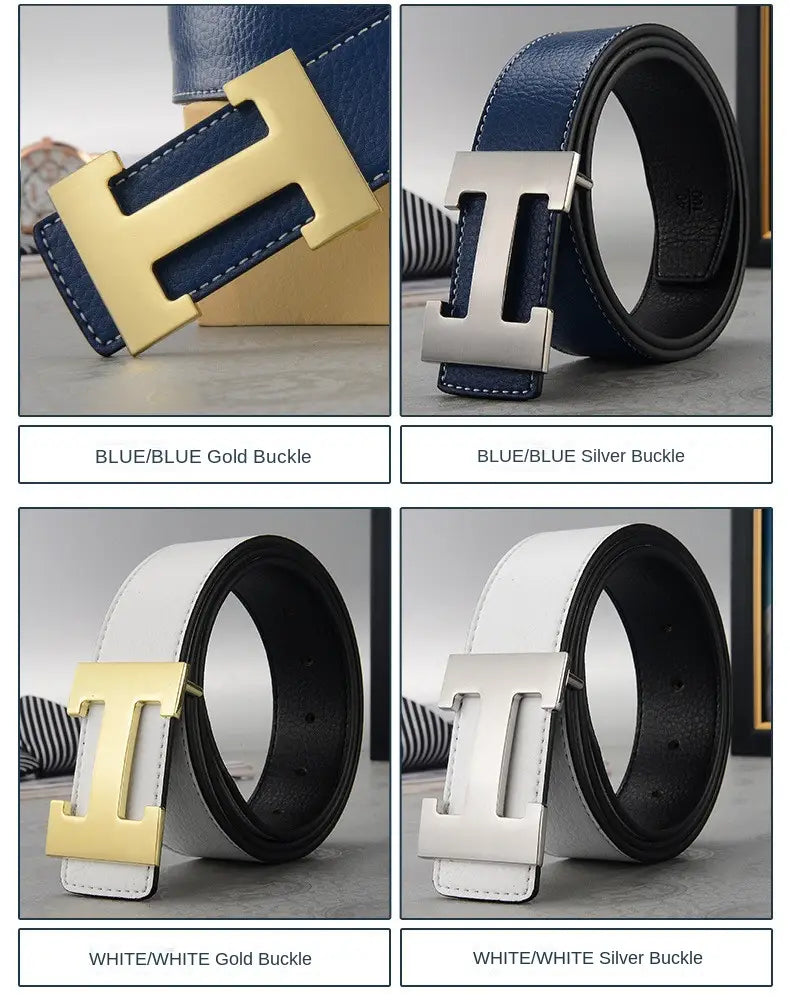 Men’s leather h buckle belt in blue or white leather with a distinctive gold or silver h-shaped buckle.
