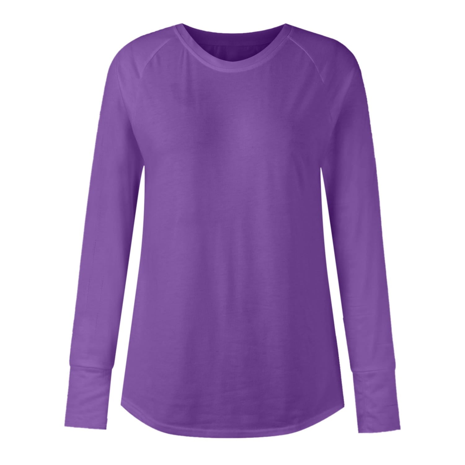 purple long-sleeved women’s cotton tunic top with round neck and raglan sleeves designed for athletic wear