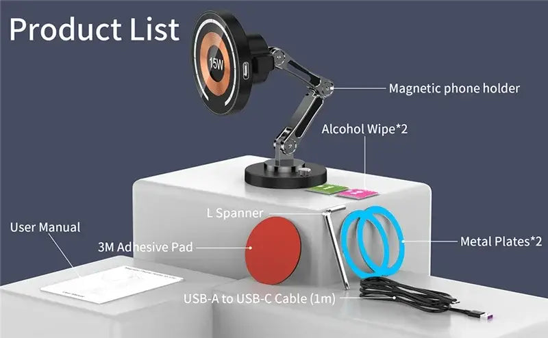 Cargador inalámbrico para coche magnético negro para iPhone 15 14 13 12 con almohadilla de carga circular de 15 W y brazo ajustable, mostrado desde el lado posterior.