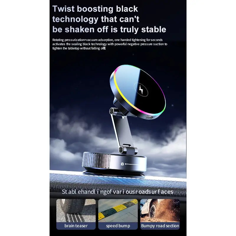 A sleek black magnetic wireless car charger and phone mount with a circular rainbow-edged charging pad and metallic arm.
