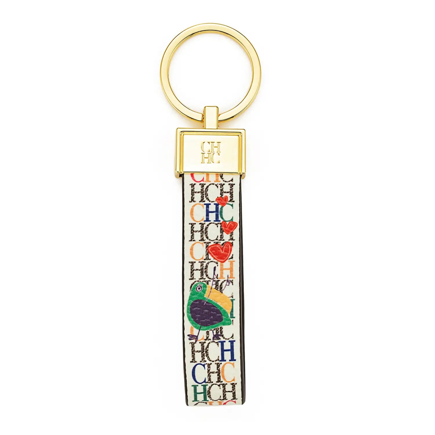 A colorful rectangular leather logo keychain featuring a gold-tone metal ring and clasp with the ch logo, multicolored ch lettering, red hearts, and a central green toucan illustration designed as a fashion accessory gift.