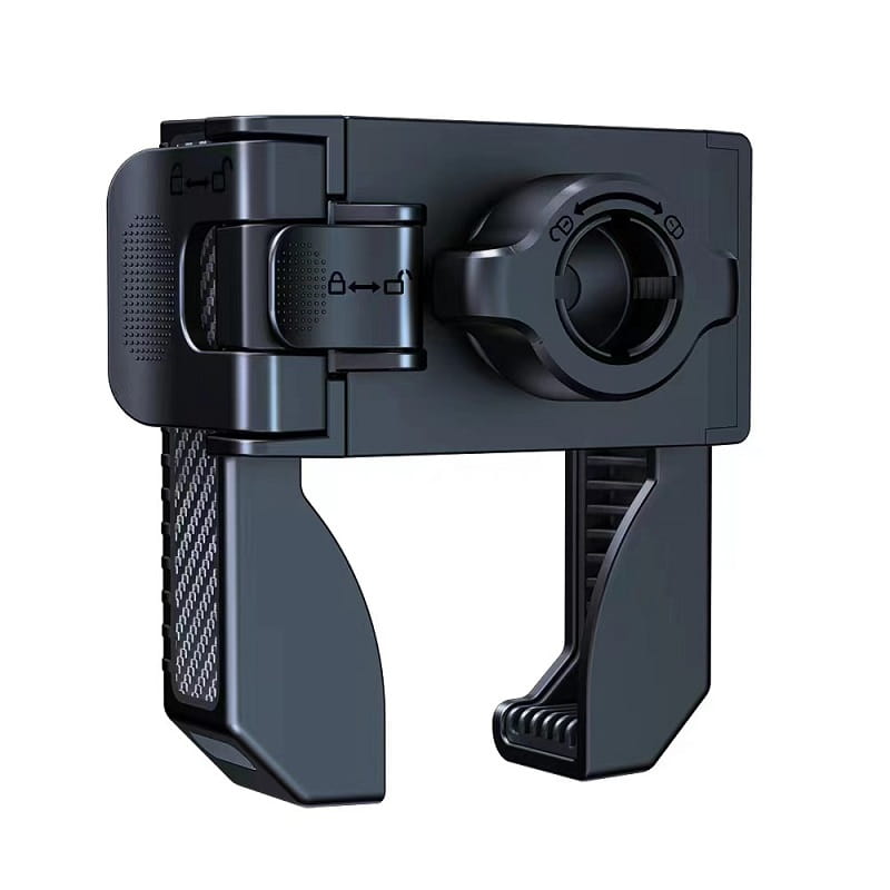 Soporte para teléfono de bicicleta de plástico negro con agarre texturizado y mecanismo de abrazadera ajustable para uso con soporte universal de GPS para manillar.