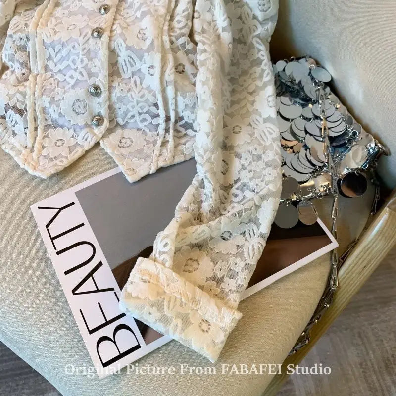 Woman Blouses Shirts & Blouses Lace Crocheted Bubble Sleeve Shirt Women's Spring Plus Velvet Padded  Semi-high Collar Blouse