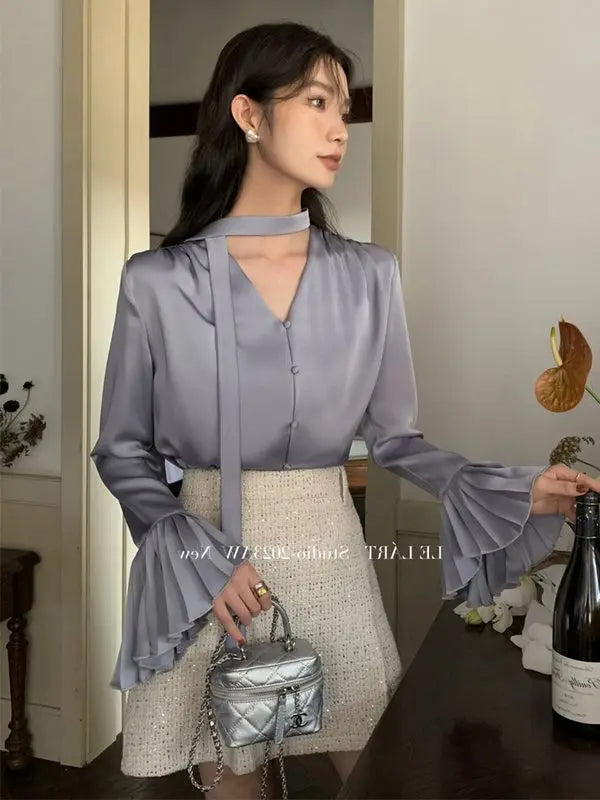Piano Sleeves and Ribbon Shirts for Women Spring New Design Sense Niche Satin Top Loose and Versatile Shirt