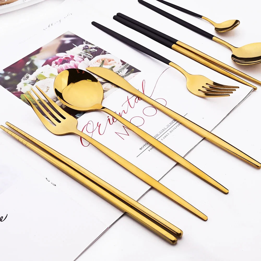 18Pcs Black Gold Dinnerware Dinner Spoons Chopsticks Cutlery Set Stainless Steel Tableware Sets Kitchen Home Silverware Set