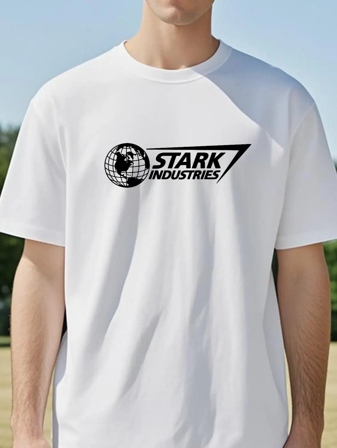 White oversized cotton t-shirt featuring a black Stark Industries logo with a globe and angular design.