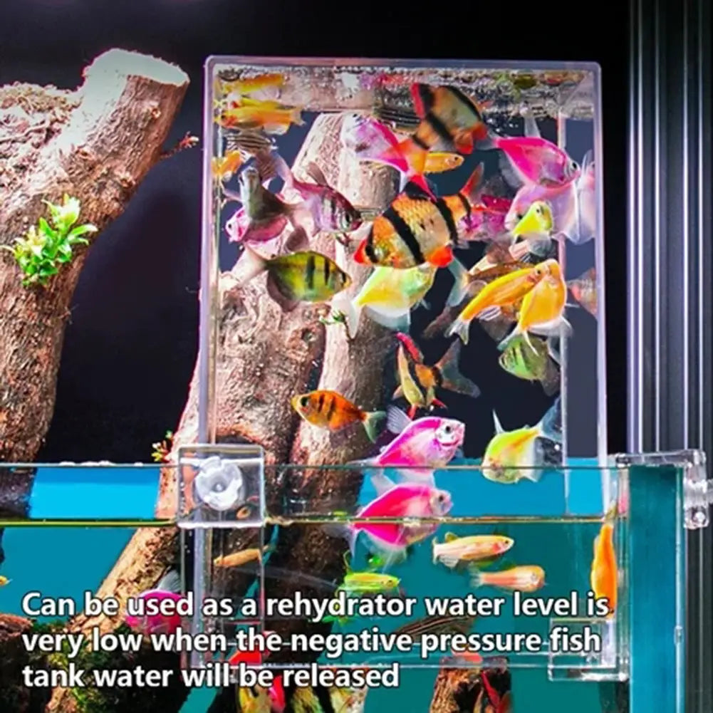 Clear acrylic fish tank divider with transparent design and integrated water level indicator for negative pressure fish tank aerial aquarium extender.