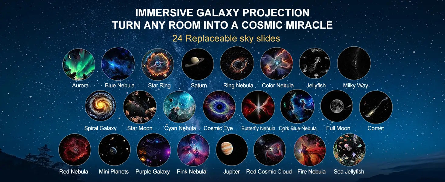 Projecteur USB de galaxie et lampe de nuit blancs, présentant 24 diapositives de ciel remplaçables affichant des motifs cosmiques vibrants tels que des aurores vertes et bleues ainsi que des champs d’étoiles de la Voie lactée tourbillonnants.