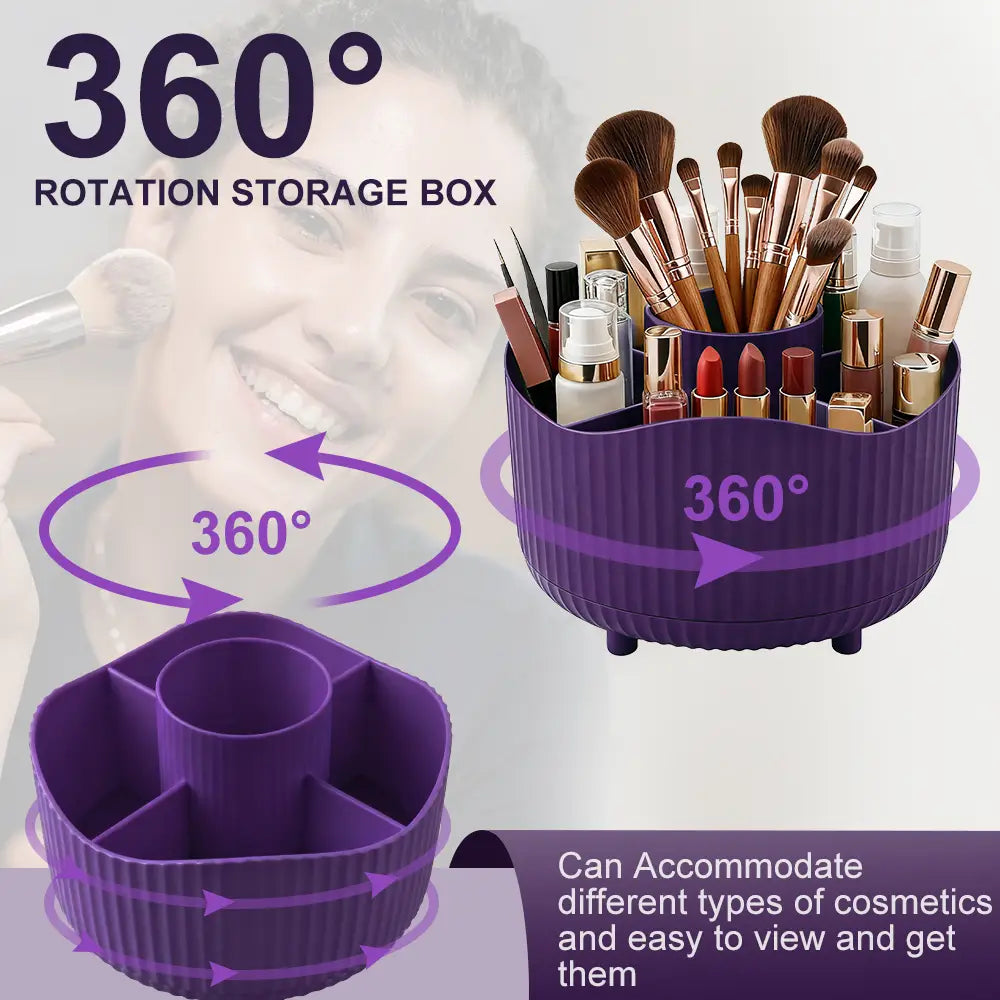 Purple rotating makeup organizer featuring a 360-degree rotating storage box with ribbed texture and multiple compartments for cosmetics.