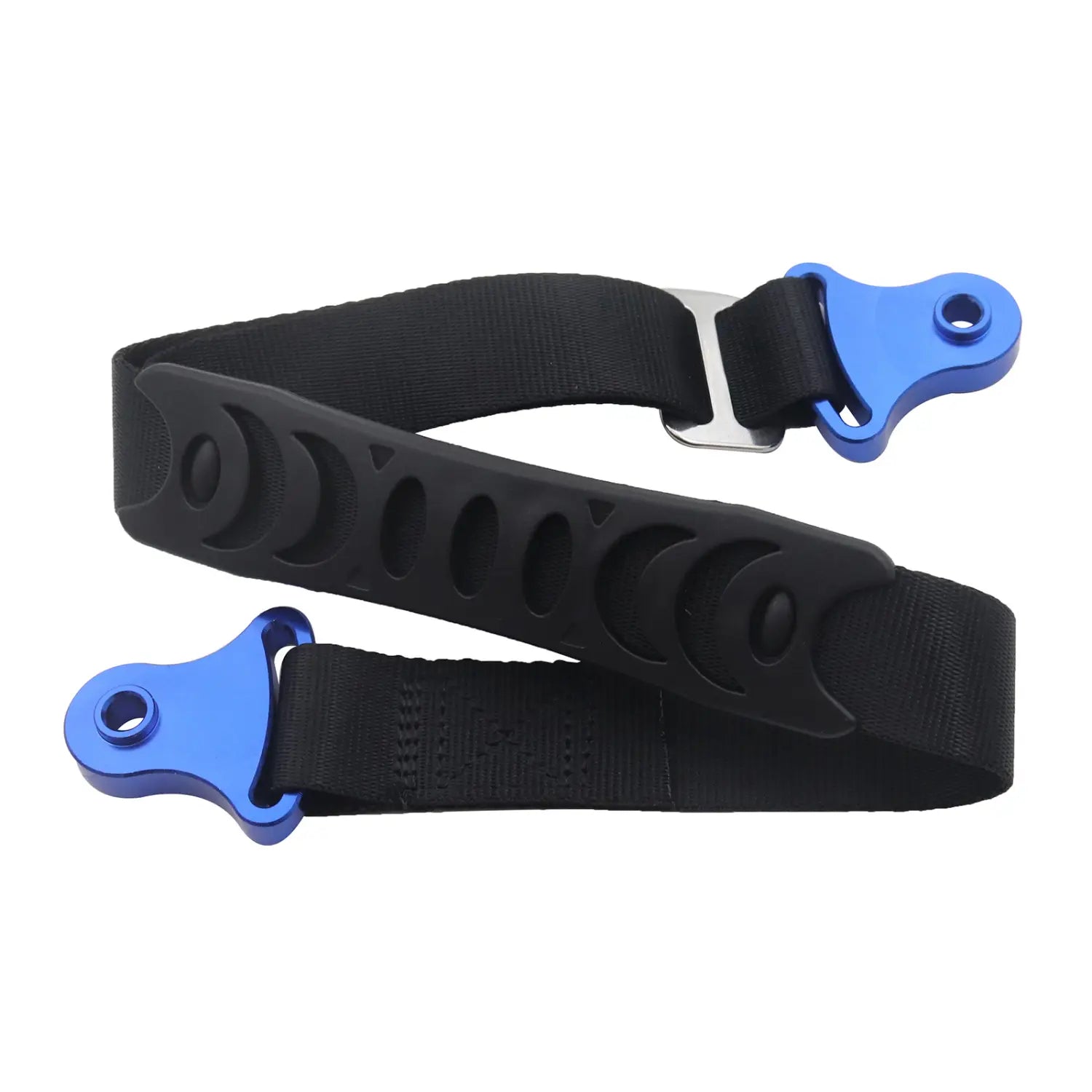 Schwarzes Gurtband für Dirtbike-Abschleppgurt-Set mit blauen metallischen Endelementen und einer silbernen Schnalle für Vorder- und Rückholriemen.