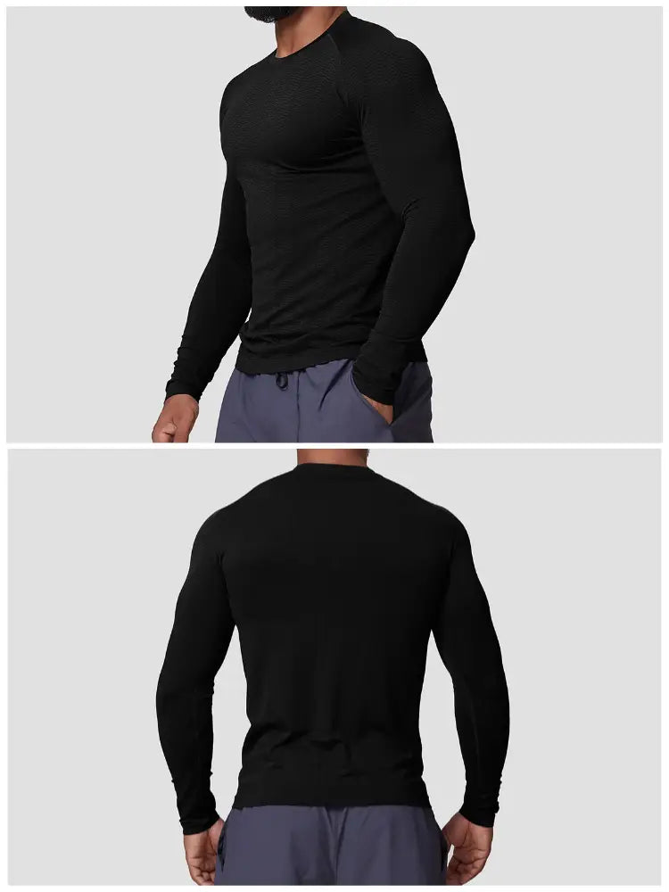 Black men’s quick dry long sleeve athletic fishing shirt with a snug fit and ribbed cuffs.