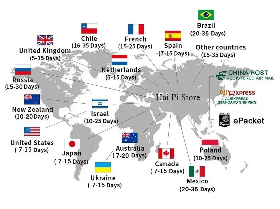Carte du monde grise illustrant les délais d’expédition vers divers pays depuis la boutique Hai Pi pour l’ensemble sweat à capuche et jogging pour homme portant le numéro 23.