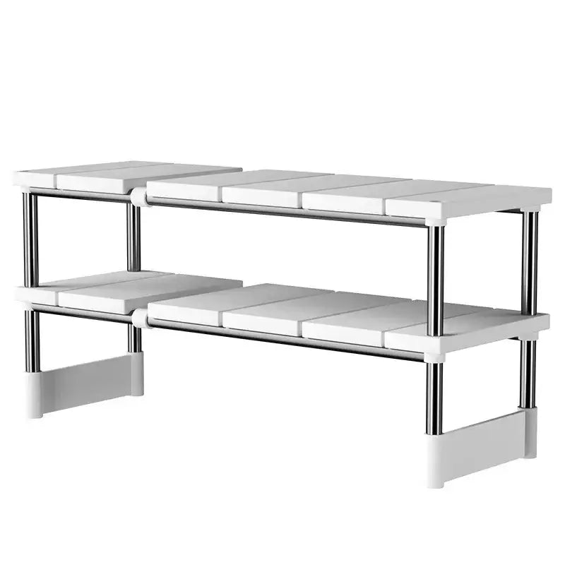 white plastic and chrome metal two-tier telescopic sink holder layered partition rack with segmented shelves for organized storage