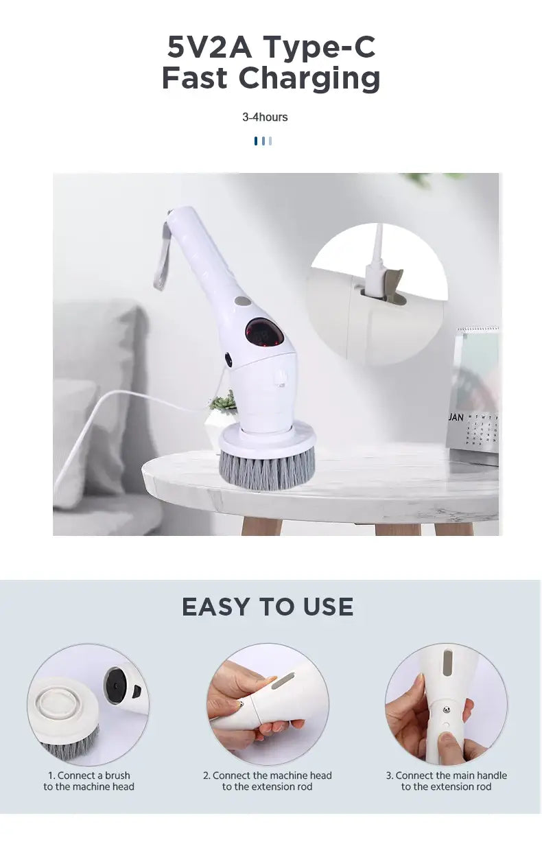 Brosse électrique blanche à rotation avec tête de brosse, comprenant des brins gris et un port de charge Type-C pour un nettoyage efficace et une recharge aisée.