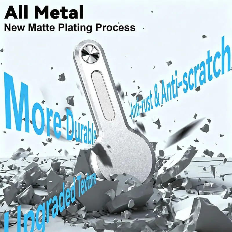Silberner Magnet-Phonehalter aus Vollmetall mit matter Oberfläche und Beschichtung gegen Rost und Kratzer, ausgelegt als Aluminium-Laptopständer.