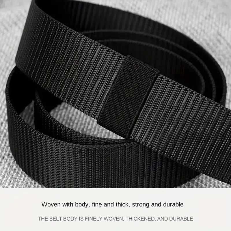 Black woven canvas web belt with thick durable fabric and reinforced automatic metal buckle for unisex use.