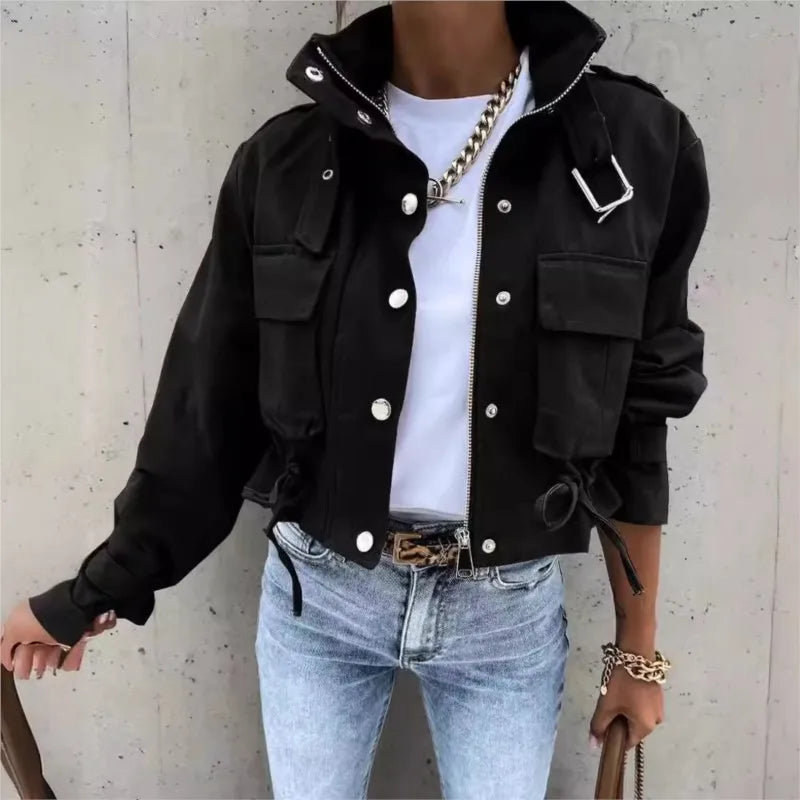 Women's Short Print Trench Jacket Coat With Zipper Stand Collar Loose Windbreaker Casual Clothes Fashion Fall Winter Women Coat