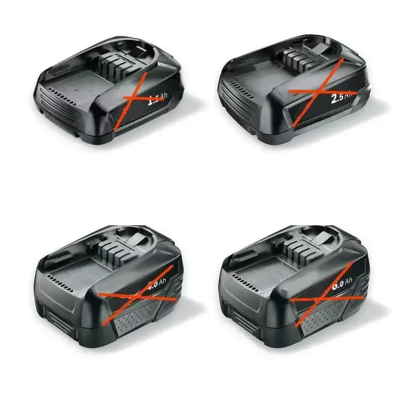 Paquetes de baterías de litio de plástico negro con marcas de capacidad naranjas de 1,5 Ah, 2,5 Ah y 4,0 Ah, compatibles con un adaptador de cargador inalámbrico para baterías de litio de 18 V