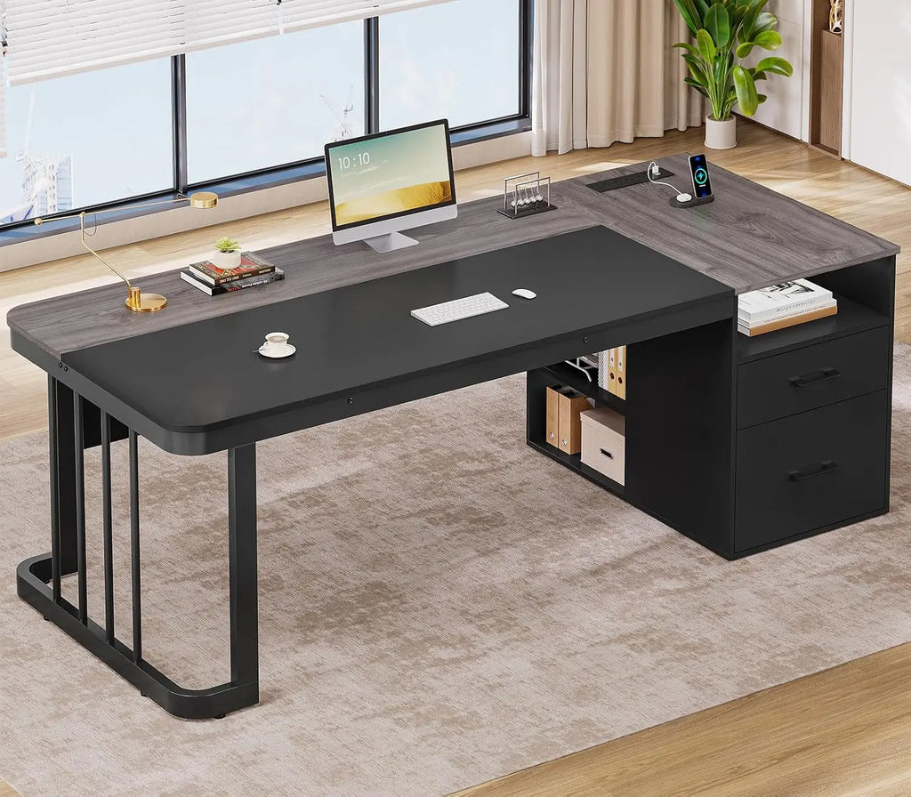 70.9" Executive Desk with Power Outlet & Drawers, File Cabinet Computer Desk with Adjustable Shelves, Workstation, Customized