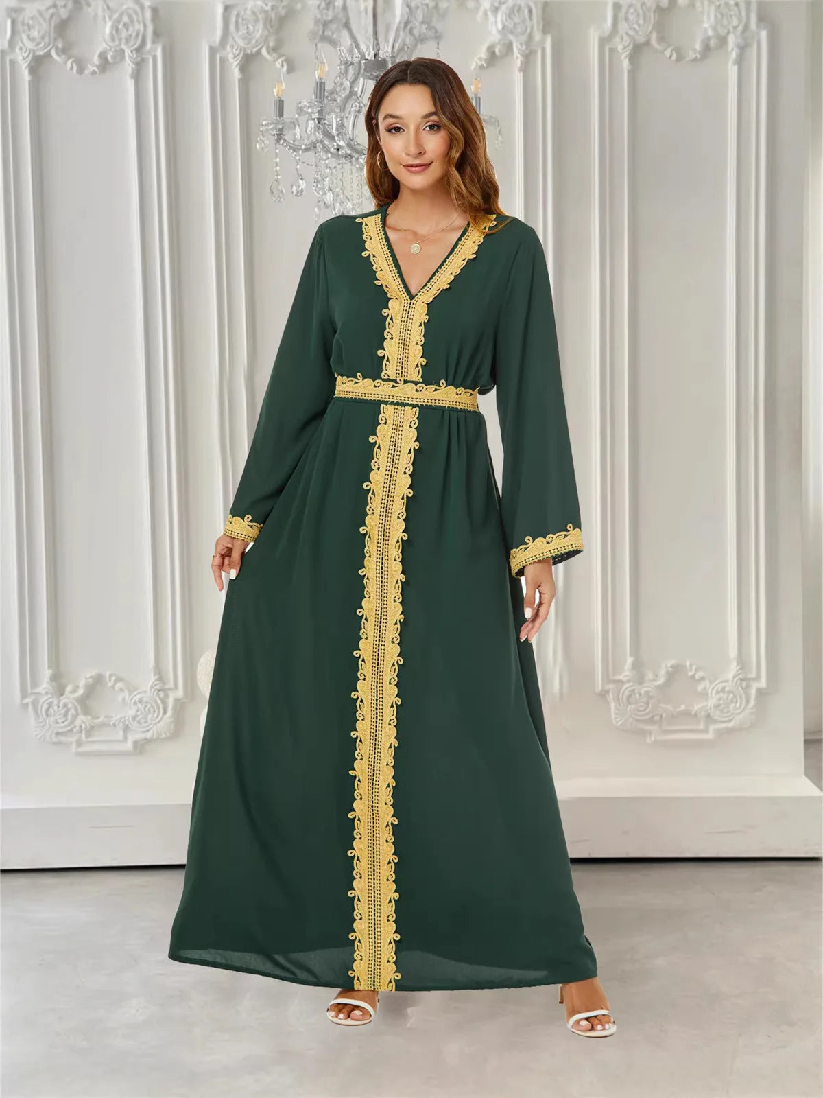Gold Thread Lace Embroidery V-neck Waist Tied Dress Luxurious Elegant Ethnic Style Dignified Daily Gatherings Long Sleeved Robe